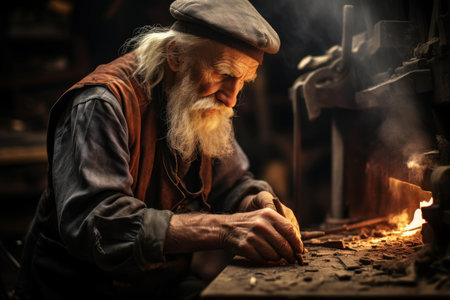 Aged artisan focused on detailed handcrafting in a rustic wood workshop settingの素材