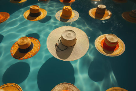 Pattern of various straw hats with different colored ribbons floating gracefully on a sunlit poolの素材