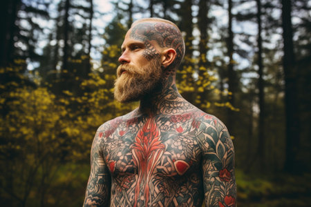 Rugged Tattooed tribe man. Indigenous traditional ethnic senior portrait. Generate AIの素材