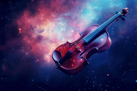 Artistic representation of a classic violin floating in a vibrant, star-filled cosmic spaceの素材