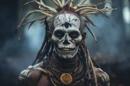 Intense portrait of a person with skull face paint and tribal attire surrounded by fogの素材