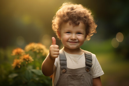 Energetic Toddler child happy thumb. Baby smile. Generate AIの素材