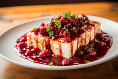 Nutritious Tofu cubes with cranberries on plate. Vegan appetizer delicacy food sliced in blocks. Generate aiの素材