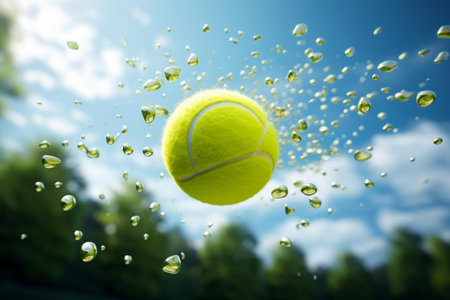 Fluorescent Tennis ball flying. Smash match. Generate AIの素材