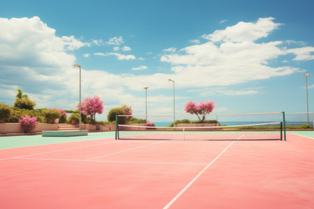 Tranquil tennis court awaits players under a soft blue sky, flanked by vibrant flowering treesの素材