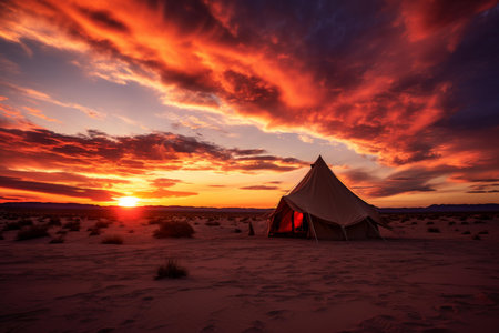 Vast Tent desert sunset. Wild nature. Generate AIの素材