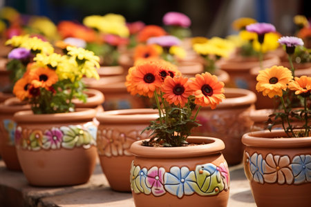 Weather-resistant Terracotta pots flowers. Decor jug. Generate AIの素材