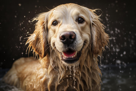 Close-up of a smiling golden retriever splashed with water, depicting fun and freshnessの素材