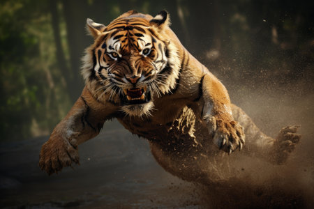 Powerful Tiger jumping nature. Air wildcat. Generate AIの素材
