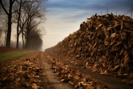 Scenic view of a country road flanked by a large pile of dried autumn leavesの素材