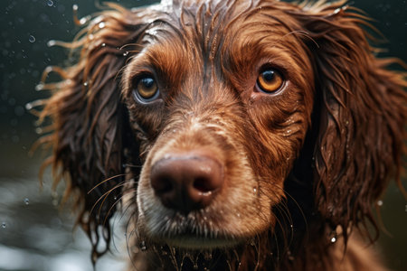 Close-up of a drenched spaniel with a deep, soulful stare during a rainy dayの素材