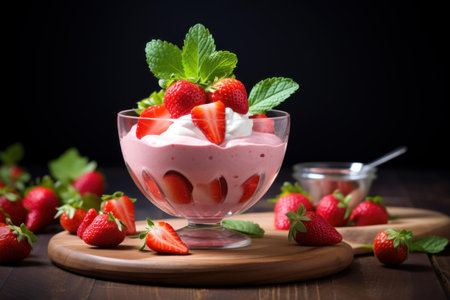 Bowl of strawberry mousse topped with whipped cream and fresh strawberries on a wooden boardの素材