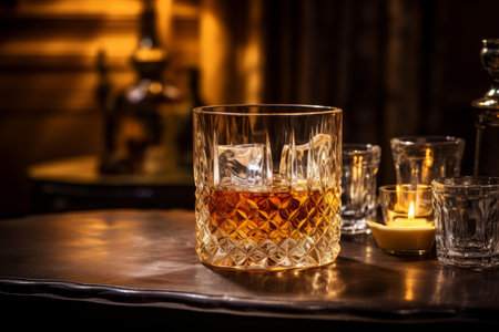 Sophisticated crystal whiskey glass with ice on a dark wood bar, ambient lightingの素材