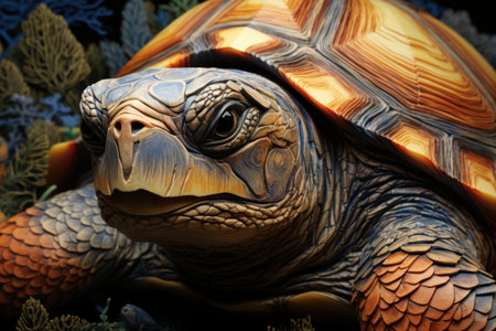 Vivid close-up of a tortoise with colorful shell details against a dark backgroundの素材