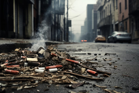 Close-up view of charred debris and litter on a desolate city street, with smoke rising and blurred vehicles in the backgroundの素材