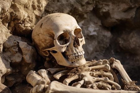Decayed Ancient tomb cave with skeleton bones. Old historic travel empty relic. Generate AIの素材