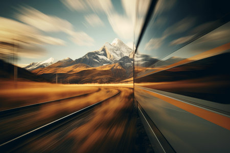 Motion blur of a fast-moving train with majestic mountains in the backgroundの素材