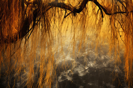 Willow branches drape over serene water at sunset, creating a fiery reflectionの素材