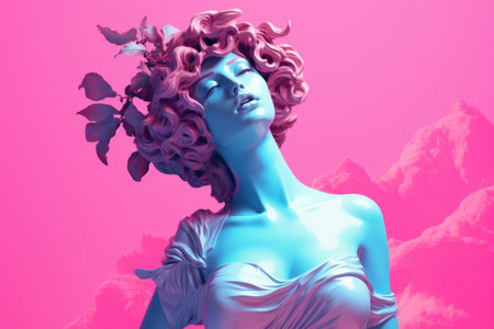 Artistic rendering of a classical statue bust with vibrant pink and blue hues against a dreamy backdropの素材