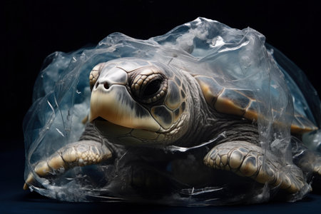 Hazardous Turtle plastic bag life. Wildlife pollution. Generate AIの素材