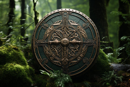 Decorative medieval shield rests against mossy woodland background, evoking fantasy and adventureの素材