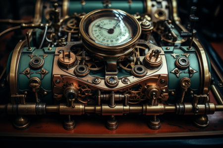 Fantasy-inspired steampunk clockwork apparatus with intricate mechanical gears and cogs. Vintage bronze timepiece with antique retro design and detailed craftsmanshipの素材