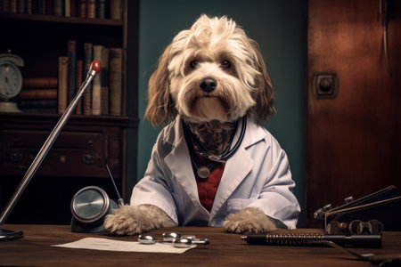Cute dog wearing a stethoscope portraying a veterinarian at a desk with medical equipmentの素材