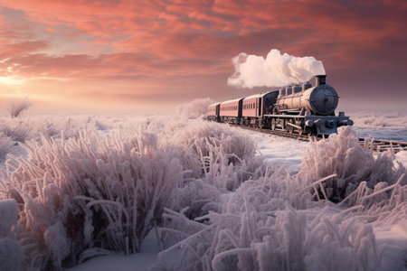 Picturesque Train winter field. Road forest rail. Generate AIの素材