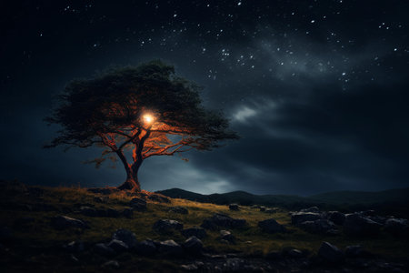 Mystical night landscape with a solitary tree illuminated beneath the starsの素材