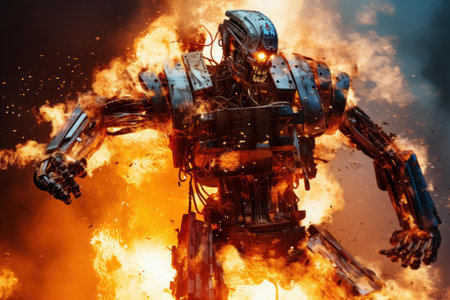 The epic fiery robot apocalypse: a science fiction dystopian future disaster with explosive flames and mechanical menaceの素材