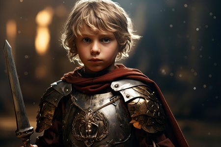 Portrait of a boy dressed as a medieval knight with a sword, showcasing bravery and historic imaginationの素材