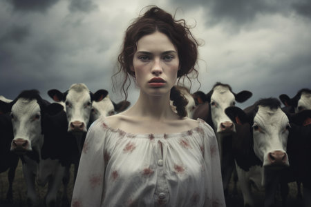 Eerie portrait of a young woman with a herd of cows against a dark, cloudy backdropの素材