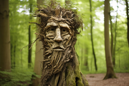Artistic woodland sculpture resembling a mythical forest spirit blending with natural surroundingsの素材