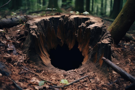 Close-up of an old tree stump with a hollow center surrounded by woodland underbrushの素材