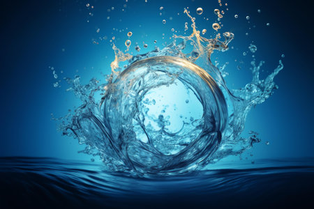 Stunning high-speed image capturing a crystal clear water splash forming a ring, set against a deep blue backdropの素材