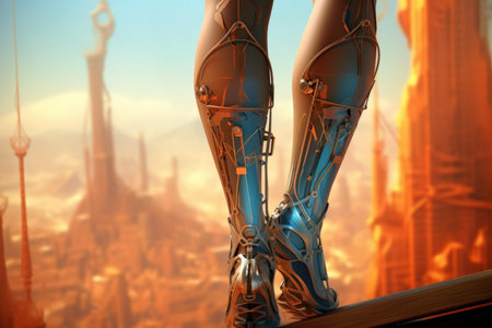 Close-up of advanced robotic legs with a dynamic science fiction city backgroundの素材