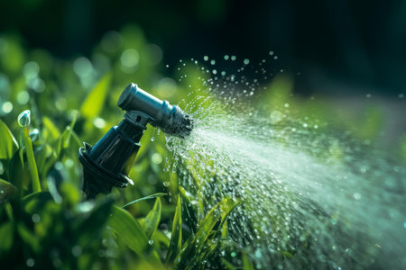 Close-up of a garden hose sprinkler irrigating fresh grass with sun rays highlighting water dropletsの素材