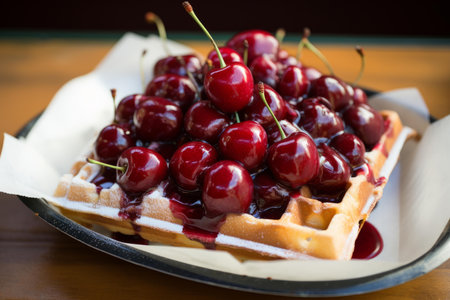 Ripe cherries piled on a golden Belgian waffle with syrup, served on a plateの素材