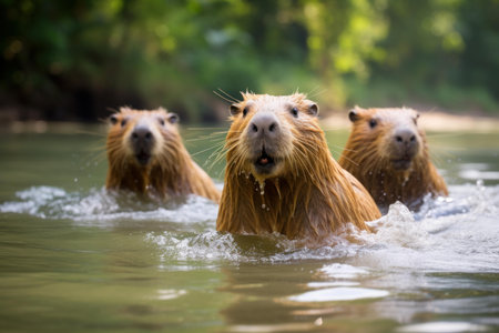 Group of capybaras calmly swimming in a tranquil river, with a lush forest backdropの素材