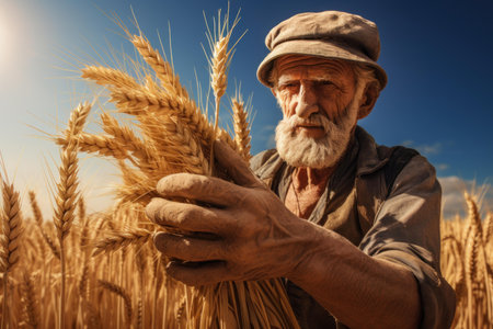 Aged farmer with a cap inspects wheat ears against a vibrant, golden field under a blue skyの素材