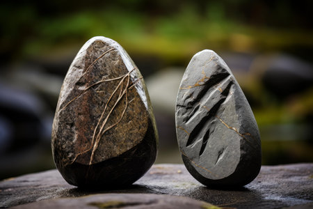 Two smoothly balanced stones standing on a natural rock surface, symbolizing harmonyの素材