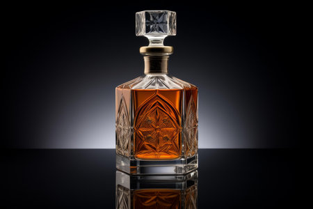 Luxurious glass whiskey decanter with intricate design, showcased on a reflective surfaceの素材