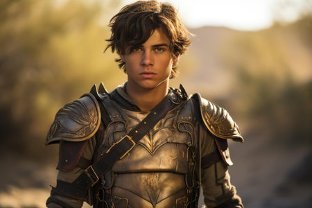 Portrait of a young male in medieval armor with a contemplative expressionの素材