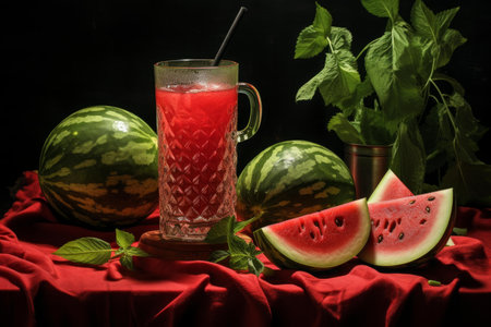 Elegant and refreshing watermelon drink setup with fresh mint, whole slices, and vibrant red fabric on a styled table for a summer picnic or tropical hydration beverage presentationの素材