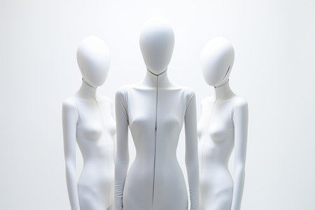 Three sleek, white mannequins standing side by side in a minimalistic styleの素材