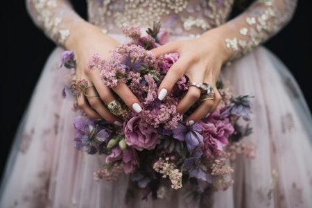 Close-up of a bride in a beaded dress clutching a bouquet of lavender flowersの素材