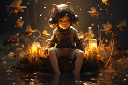 Whimsical scene of a child in an astronaut helmet surrounded by glowing butterflies in a mystical forestの素材
