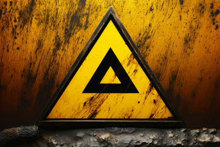 Close-up of a weathered triangle hazard warning sign on a corroded and textured metallic backgroundの素材