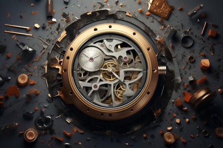 Intricate watch mechanism with parts scattered artfully on a dark, moody surfaceの素材