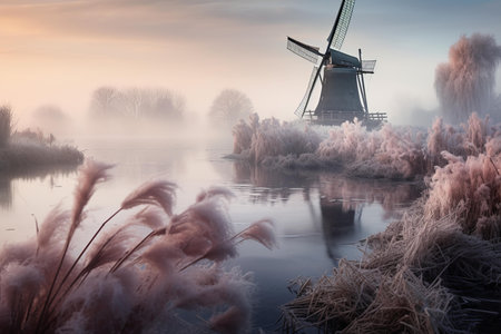Enchanting foggy morning surrounds a traditional windmill by the water in the netherlandsの素材